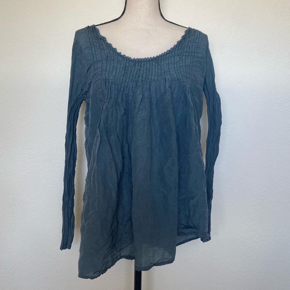 CP Shades Pintuck Pleated Tunic Blouse Long Sleeve Silk Blend Scoop Neck Medium
